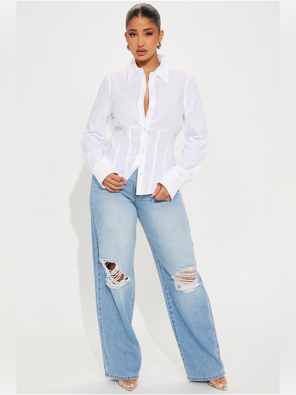 Women's white synched waist button up